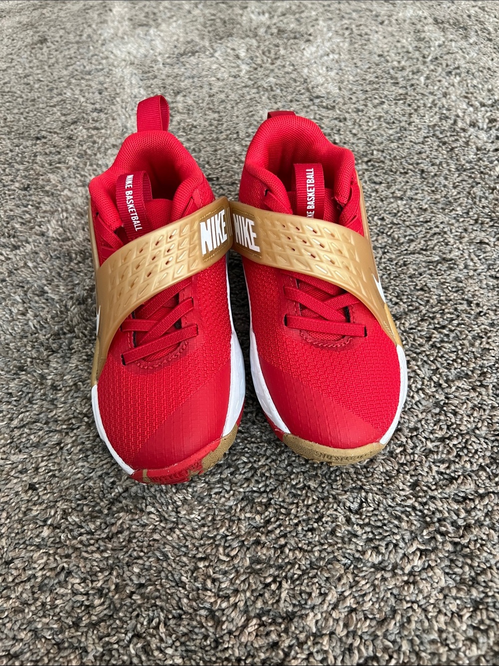 Nike Kids Red and Gold Strap Basketball Sneakers